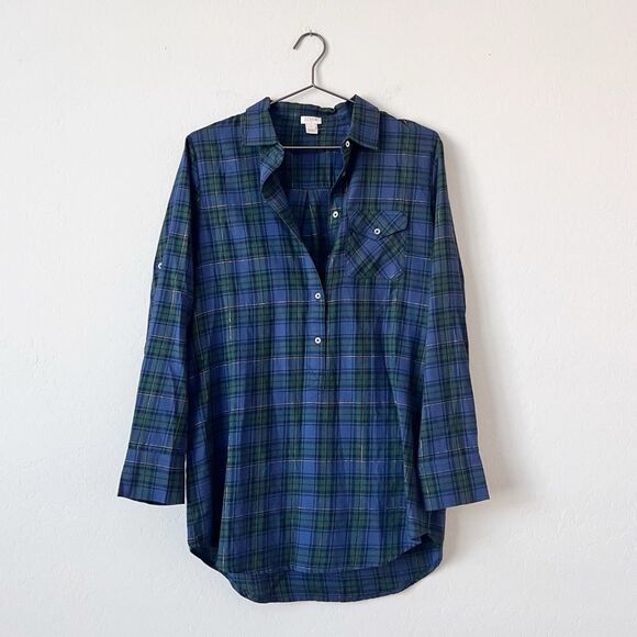 J. Crew Dresses & Skirts - J Crew Women's Plaid Button Down Flannel Tunic Top Dress Navy Blue Size XS